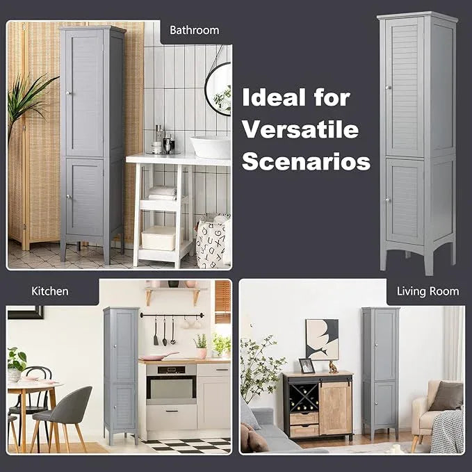 Tangkula Tall Bathroom Storage Cabinet, 5-Tier Wooden Freestanding Tower Cabinet Floor Organizer, Narrow Storage Floor Cabinet w/2 Doors & Shelves for Bathroom Living Room Kitchen (Grey) - ModernBath