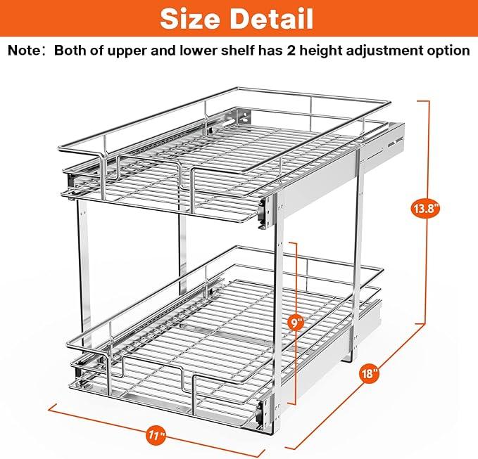 ROOMTEC Individual Pull Out Cabinet Organizer (11" W x 18" D), 2 Tier Spice Rack Organizer for Cabinet, Slide Out Drawer Pantry Shelf Organization and Storage for Kitchen Bathroom - ModernBath
