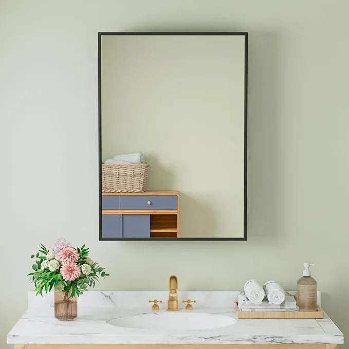 Buruis 20" x 28" Framed Medicine Cabinet with Mirror, Recessed or Wall Mounted Bathroom Cabinet, Adjustable Tempered Glass Shelves, Left/Right Open Reversible, No Assembly Required, Black - ModernBath