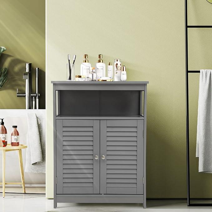 GLACER Bathroom Floor Cabinet, Wooden Storage Cabinet with Double Shutter Doors & 3-Position Adjustable Shelf, Side Storage Organizer Cabinet, 23.5 x 12 x 31.5 inches (Grey) - ModernBath