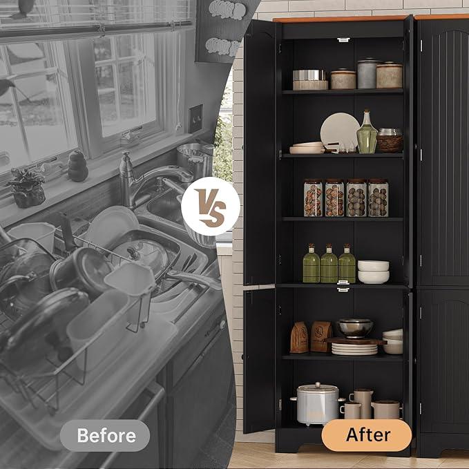 72.2'' Narrow Storage Cabinet, 4 Door Kitchen Cabinet with Adjustable Shelves, Freestanding Cupboard, Tall Pantry Cabinet for Bathroom, Dining Room, Living Room, Kitchen,Laundry, Entryway, Black - ModernBath