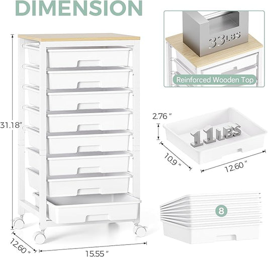 Rolling Cart with Drawers,8 Drawer Rolling Cart,Rolling Drawer Cart,Rolling Storage Drawer Cart,White Rolling Cart,Utility Cart with Drawers and Wooden Tabletop