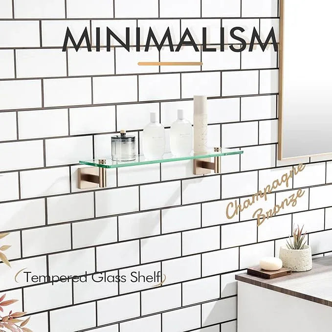 KOKOSIRI Wall Shelves Bathroom Hardware Glass Floating Shelf 20-Inch for Bedroom, Living Room, Kitchen, Hanging Rack Champagne Bronze B1105CPG-L20 - ModernBath