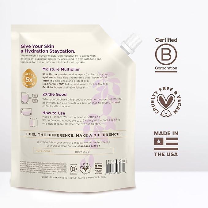 Soapbox Body Wash Refill, Coconut + Goji Berry Body Wash Refill Pack, Bulk Soap Pouch, Vegan + Antioxidant Rich Moisturizing with Shea Butter, Peptides & Keratin Promoting B3, 40oz - ModernBath