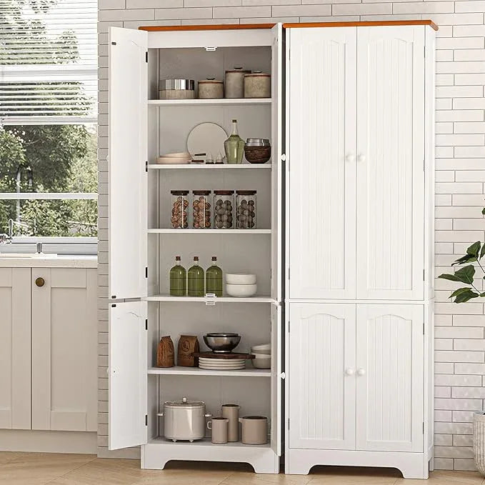 72.2'' Pantry - 4 Door Kitchen Cabinet with Adjustable Shelves, Freestanding Cupboard, Tall Storage Cabinets for Dining Room, Living Room, Laundry, Bathroom, Entryway, White - ModernBath