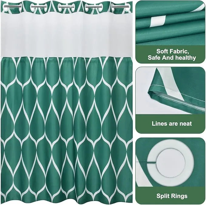 Yiatn No Hook Teal Blue Shower Curtain with Snap in Fabric Liner Set - Hotel Style with See Through Mesh Top Window, Modern Geometric Waterdrop Design,Waterproof and Washable, 71x74 INCH - ModernBath