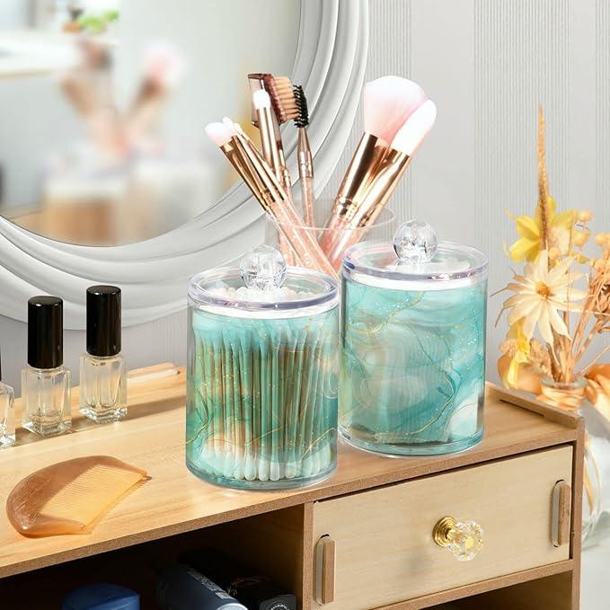 BOENLE 2 Pack Qtip Holder Dispenser Turquoise Marble Bathroom Storage Canister Lid Acrylic Plastic Apothecary Jar Set Vanity Makeup Organizer for Cotton Swabs/Pads/Floss - ModernBath
