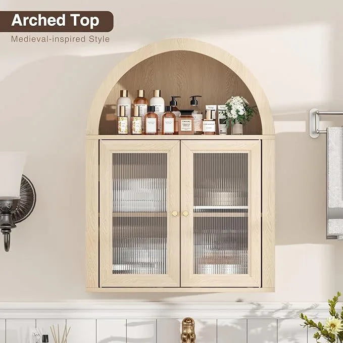 Arched Bathroom Cabinet, Wall Mounted Bathroom Cabinet with Tempered Glass Doors and Adjustable Shelf, for Kitchen, Living Room, Laundry Room, Restroom, Oak - ModernBath