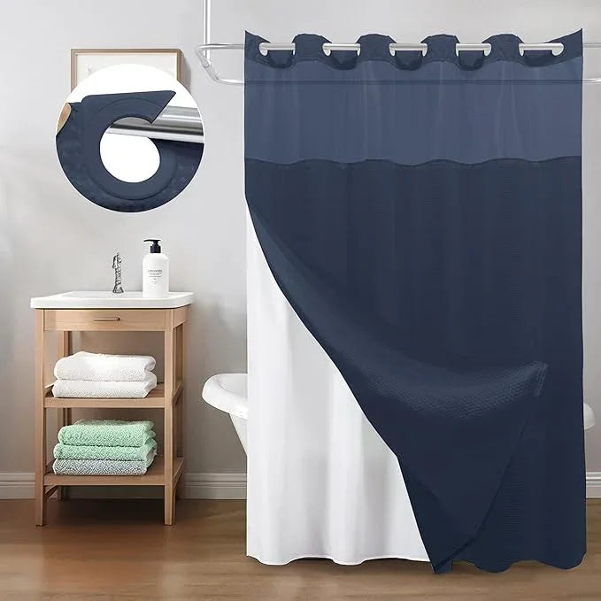 Inhousolu Stall No Hook Shower Curtain with Snap in Fabric Liner Set Waffle Weave 230GSM Weighted Hem, Waterproof & Washable Bathroom Curtain Spa Luxury with Mesh Top Window 36" W x 72" L Navy Blue - ModernBath