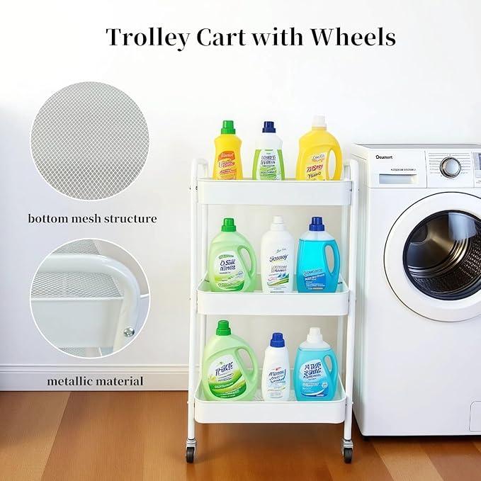 Metal 3 Tier Rolling Cart with Wheels for Kitchen Storage & Laundry Room Organization, Bedside Cart with Handle and 4 Hooks, Versatile Large Capacity Art & Craft Storage Organizer, White - ModernBath