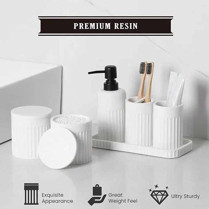 INIUNIK Bathroom Accessory Set - 6 Pieces Bathroom Accessories Set Complete with Soap Dispenser, Toothbrush Holders, Tumbler, Vanity Tray and 2 Qtip Holder for Home Organizer and Decor, White - ModernBath