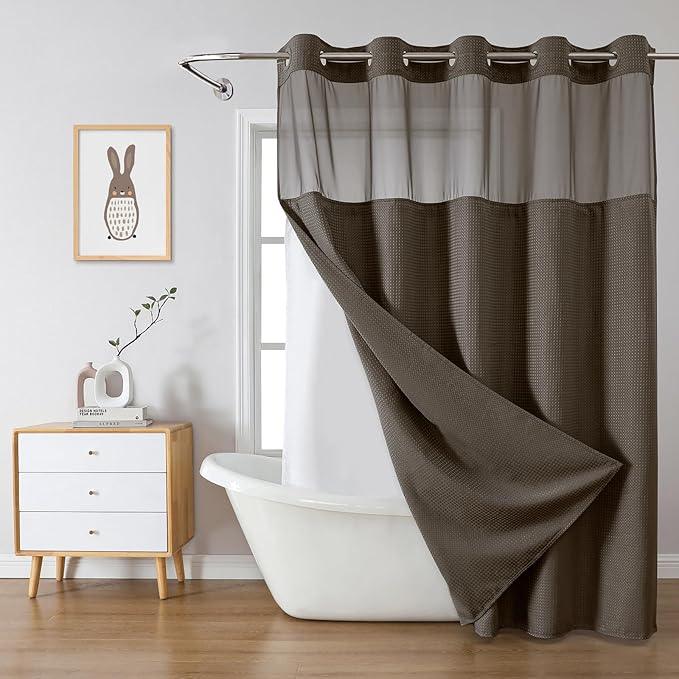 eachope Brown No Hook Waffle Weave Shower Curtain with snap-in Liner Replacement, 230GSM Waterproof Fabric Hotel Shower Curtain Set for Bathroom, Through Mesh Top Window,71Wx77H - ModernBath