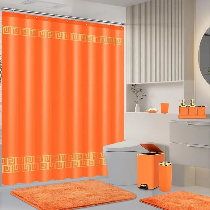 XLHOMO 11PCS Bathroom Sets with Shower Curtain and Rugs Bathroom Accessories Set Orange Bathroom Set,Soap Dispenser & Toilet Brush Holder Set with Stainless Steel Trash Can - ModernBath