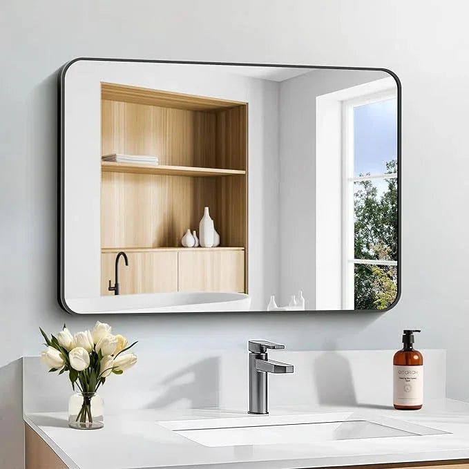 CIVENO Bathroom Mirror, 18 x 24 inch Metal Framed Black Rectangle Mirror, Rounded Corner Rectangular Vanity Mirror, Wall Mounted Mirror for Modern Bedroom Living Room Hangs Horizontal or Vertical - ModernBath