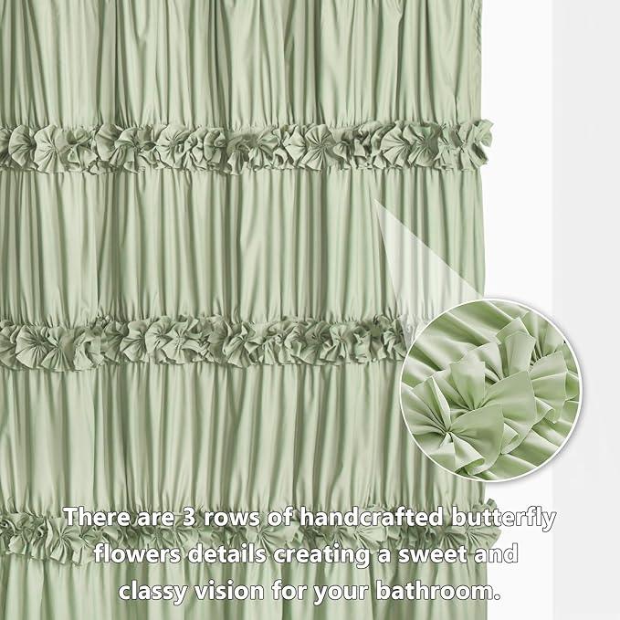 Homechoice Decor Sage Ruffle Shower Curtain, Vintage Handcrafted Bow Tie Bath Curtain for Master Bathroom, Ruched Microfiber Bathroom Curtain with 12 Buttonholes, 72" W x 72" H (LQ-10) - ModernBath