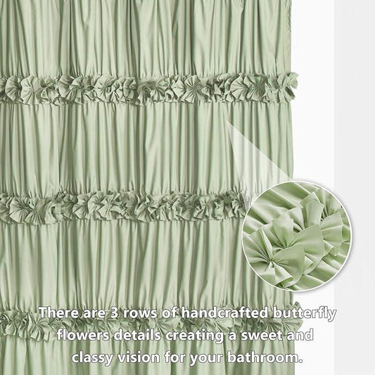 Homechoice Decor Sage Ruffle Shower Curtain, Vintage Handcrafted Bow Tie Bath Curtain for Master Bathroom, Ruched Microfiber Bathroom Curtain with 12 Buttonholes, 72" W x 72" H (LQ-10) - ModernBath