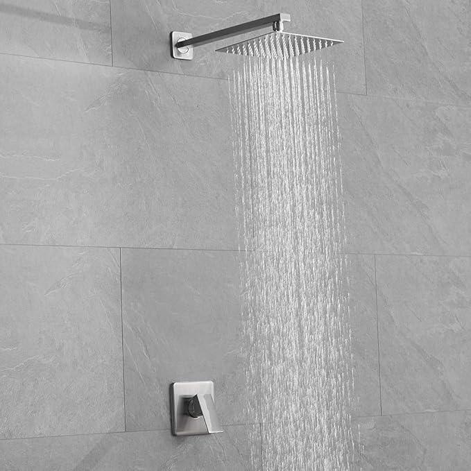 Heable Shower Faucet Set Brushed Nickel, Single Function Shower Trim Kit with Rough-in Valve, Square Rain Shower Head System Included Extra Long Shower Arm for Bathroom - ModernBath