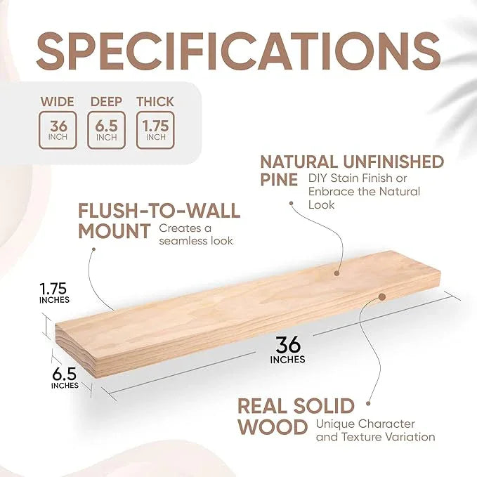 Homeforia 36 inch Wood Floating Shelves, High End Solid Natural Wood 36inch Large Floating Shelf Bathroom, Unfinished Wooden Floating Shelves for Wall, Heavy Duty Bracket, 36 X 6.5 X 1.75 in, Set of 2 - ModernBath