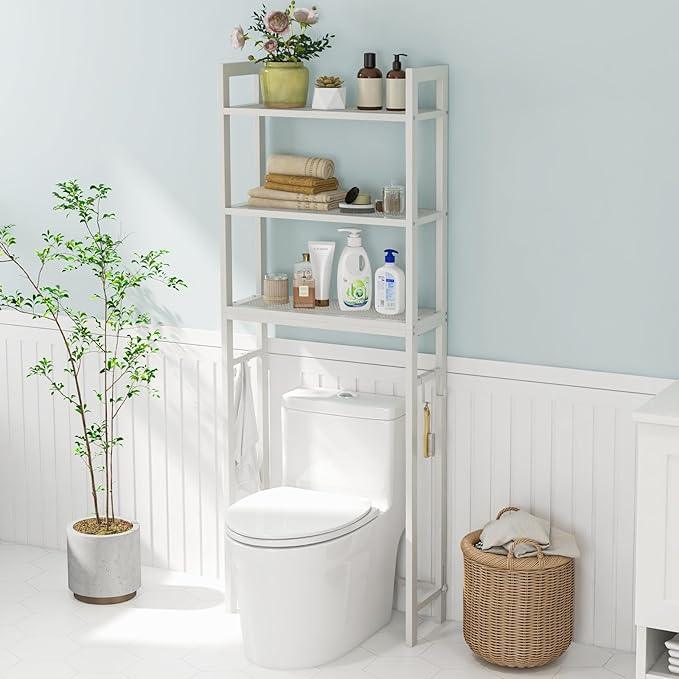 Giantex Over The Toilet Storage Shelf, 3-Tier Freestanding Space Saver Above Toilet Shelves with 3 Hooks & Adjustable Bottom Bar, Over Toilet Bathroom Organizer for Restroom, Laundry (White) - ModernBath