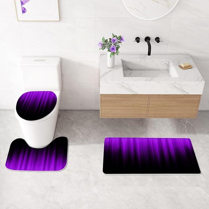 Litabel 4 Pcs Purple and Black Gradient Shower Curtain Set with Rugs and Toilet Lid Cover, Modern Simple Waterproof Fabric Bathroom Set, Ombre Stripe Gothic Abstract Bathroom Decor Set Accessories - ModernBath