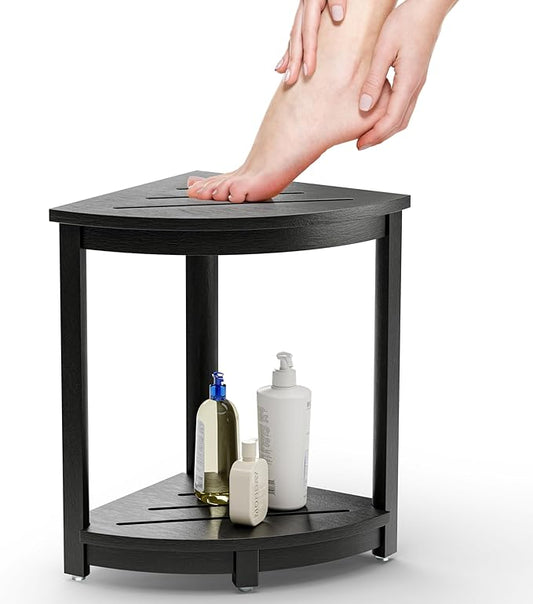 HOLANA 18" Wood Corner Shower Bench & Corner Shower Stool with Storage Shelf - Footrest for Shaving Legs - Bath Step for Small Spaces - Perfect for Indoor or Outdoor (Black)