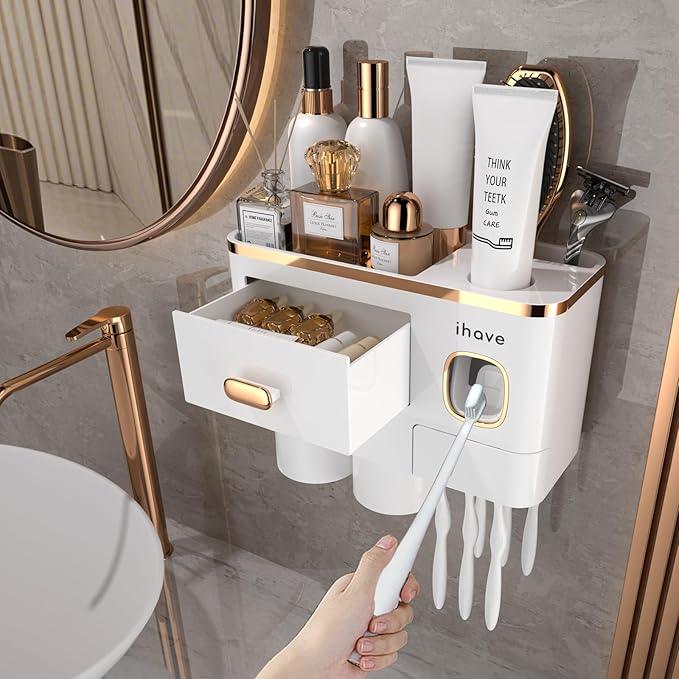 iHave Toothbrush Holders Wall Mounted with Toothpaste Dispenser & 2 Cups - Premium White and Gold Design for Bathroom Decor, All-in-One Bathroom Organizers & Storage for Toothbrushes and Accessories - ModernBath