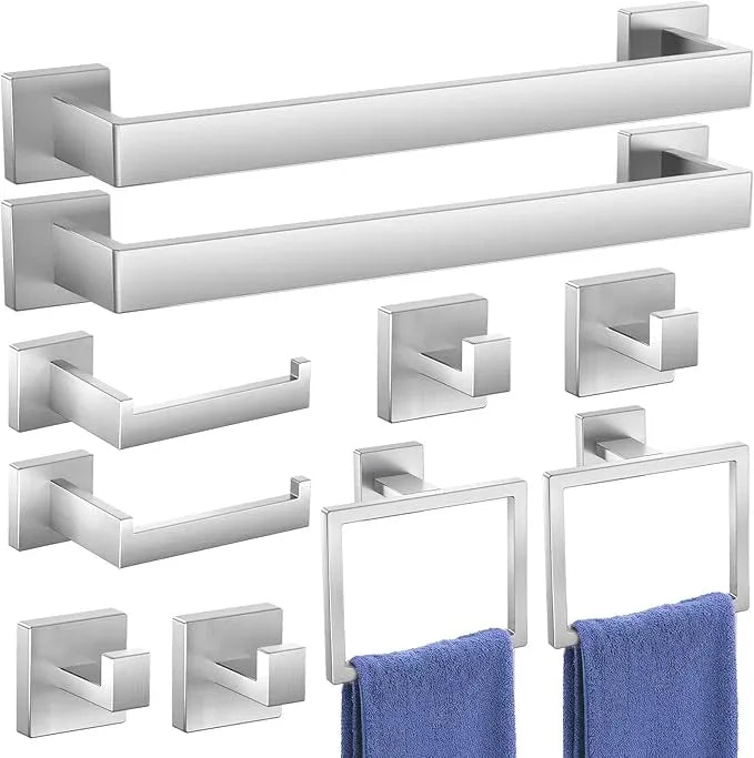 10-Pieces Bathroom Accessories, SUS304 Brushed Bathroom Accessory Set, Nickel Towel Racks for Bathrooml, Stainless Steel, Wall Mounted Towel Rack&Toilet Paper Holder&Towel Ring and Towel Hook - ModernBath