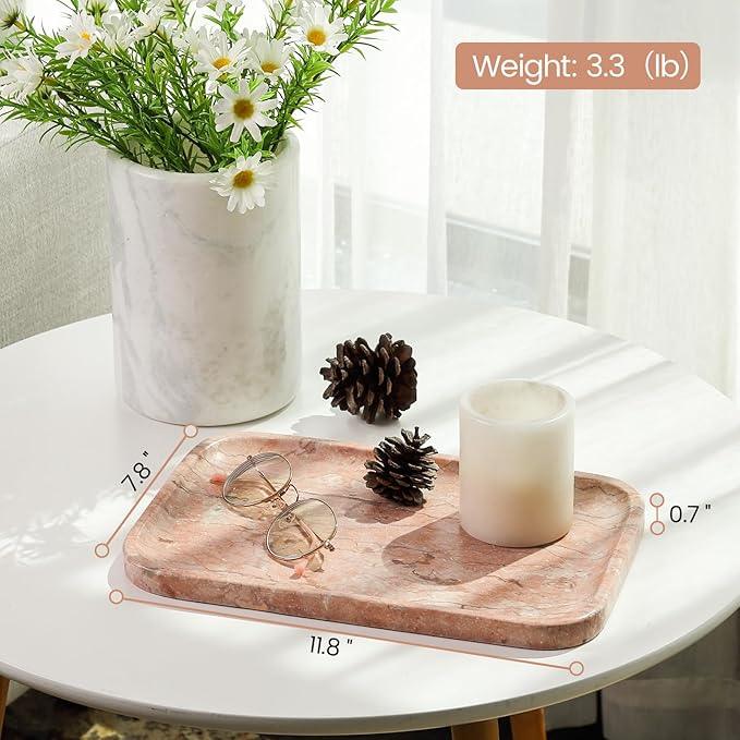 Karibiber Marble Vanity Tray, Bathroom Tray for Countertop, Decoration Dresser Organizer, Perfume, Jewelry Holder, Red Stone Serving for Kitchen Sink Storage(Spring Rose) - ModernBath