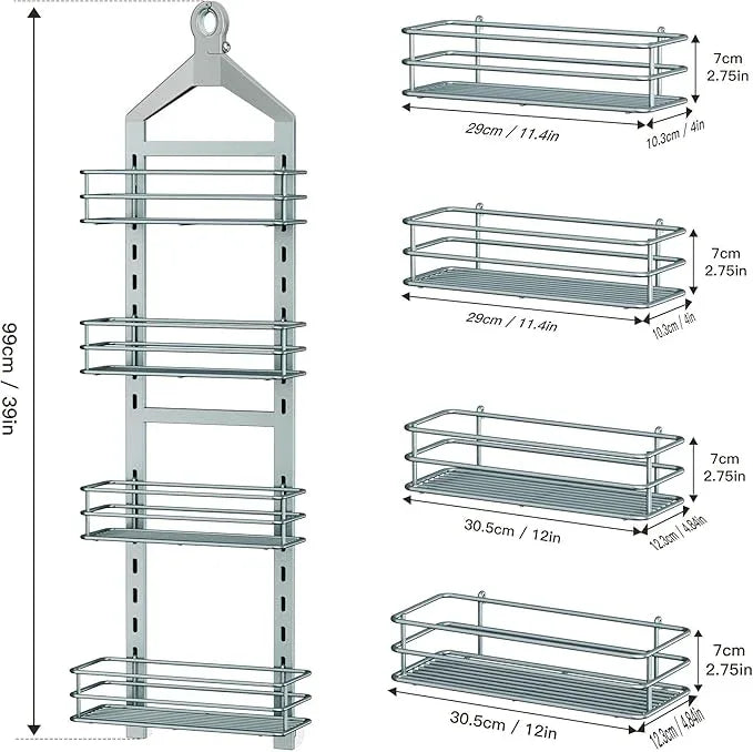 Orimade 4 Tier Adjustable Anti-slip Shower Caddy over Shower Head,Rustproof Bathroom Hanging shower Organizer with 4 Hooks for Razor,No Drilling Shower shelves Storage Rack, Light Grey - ModernBath