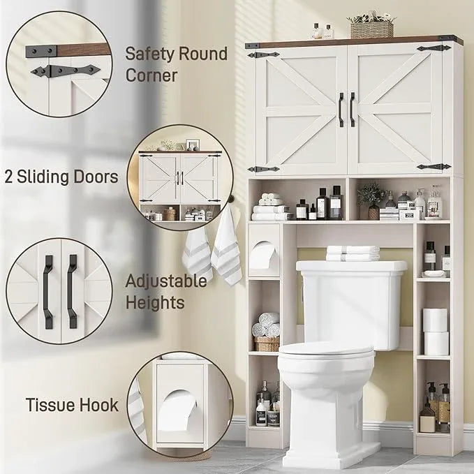Over The Toilet Storage Cabinet, Farmhouse Storage Cabinet Over Toilet with 2 Barn Doors ，Toilet Paper Holder Stand，Home Space-Saving Toilet Rack, for Laundry, Restroom, Bathroom - ModernBath