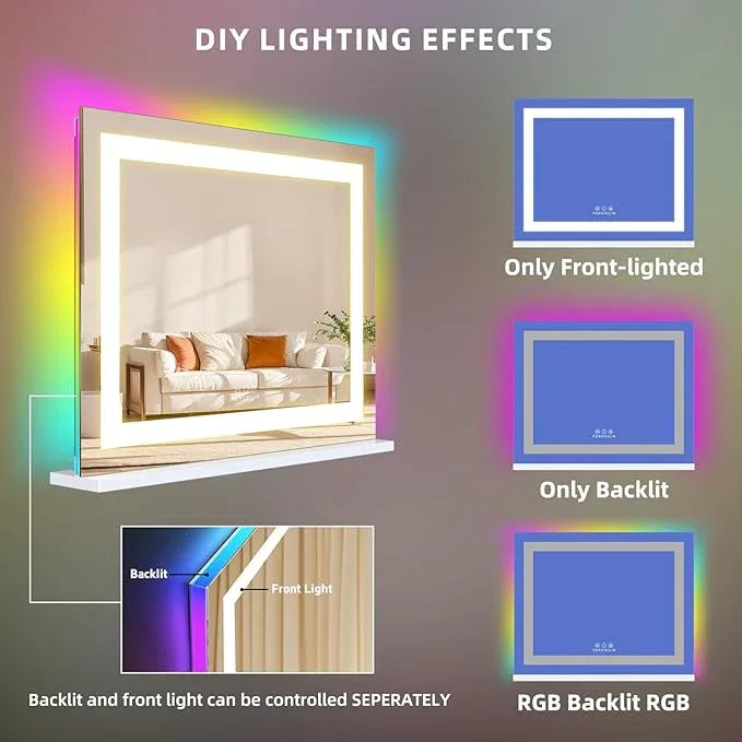 FENCHILIN Vanity Mirror with Lights, 23" x 18" RGB Backlit + Front Lit Hollywood Makeup Vanity Mirror LED Strip with 3 Colors Modes Smart Touch for Dressing Room & Bedroom White - ModernBath
