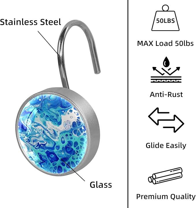 12 Pcs Decorative Shower Curtain Hooks, Rust Proof Glass Surface Stainless Steel Rings for Bathroom Bedroom Kitchen Home Bath Room Rods Decor (Turquoise Liquid Texture) - ModernBath