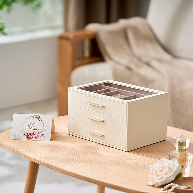pickpiff Jewelry Box Organizer Case for Women: 3-Layer Jewelry Storage Case with Glass Window, Ivory Leather with Pink Velvet, Holder for Ring Necklace Bracelet Brooch Watch, Great Gift for Her - ModernBath
