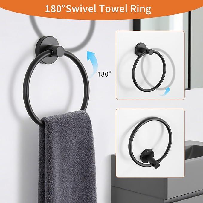 5-Piece Black Bathroom Hardware Set - 24 Inch Towel Bar, 2 Robe Towel Hooks, Toilet Paper Holder, Towel Ring, Wall Mounted Bathroom Accessories (Matte Black Finish) - ModernBath