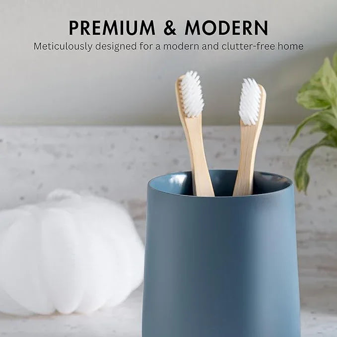 Yew Design Matte Blue Toothbrush and Toothpaste Holder and Cup for Bathroom Vanity and Countertop, Round Organizer for Electric Toothbrushes, Floss, Razors, Cotton, and Mouthwash - ModernBath