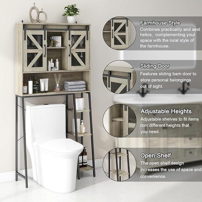 Vabches Over The Toilet Storage Cabinet, Farmhouse Storage Cabinet Over Toilet with Sliding Barn Door，Home Space-Saving Toilet Rack, for Bathroom, Restroom, Laundry(Grey). - ModernBath