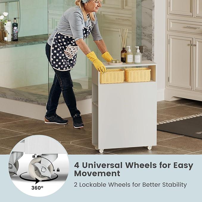 Tangkula Slim Bathroom Storage Cabinet, Movable Narrow Toilet Side Cabinet w/2 Slide Out Drawers, 2 Rattan Baskets & Shelves, Toilet Paper Holder on Wheels for Small Spaces - ModernBath