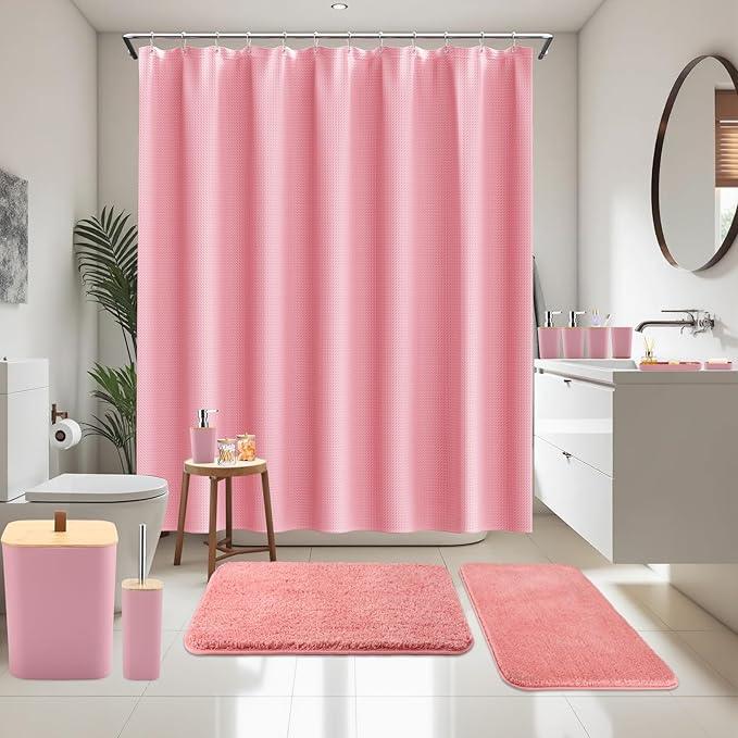 XLHOMO Bathroom Sets with Shower Curtain and Rugs, 27PCS Pink Bathroom Accessories Set with Trash Can, Pink Shower Curtain Set, No Slip Super Absorbent Bathroom Rugs - ModernBath