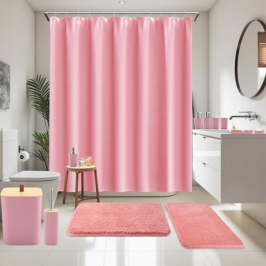 XLHOMO Bathroom Sets with Shower Curtain and Rugs, 27PCS Pink Bathroom Accessories Set with Trash Can, Pink Shower Curtain Set, No Slip Super Absorbent Bathroom Rugs - ModernBath