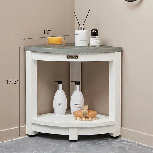 HDPS Corner Shower Stool, Heavy Duty Bench Seat with Shelf, Poly Shower Chair for Shaving Legs, No Maintenance, White+Gray, Weight Capacity 500LBS - ModernBath
