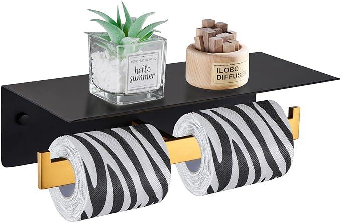 Angle Simple Double Toilet Paper Holder with Shelf, 304 Stainless Steel Bathroom Toilet Tissue Roll Holder for Wall Black and Gold - ModernBath