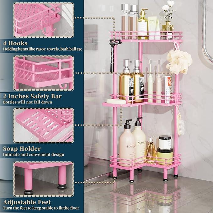 Consumest Corner Shower Caddy Standing - 3-Tier Stainless Steel Shower Organizer with Soap Holder and 4 Hooks, Large Capacity Corner Shelf Stand for Bathroom, Rest Room, Pink - ModernBath