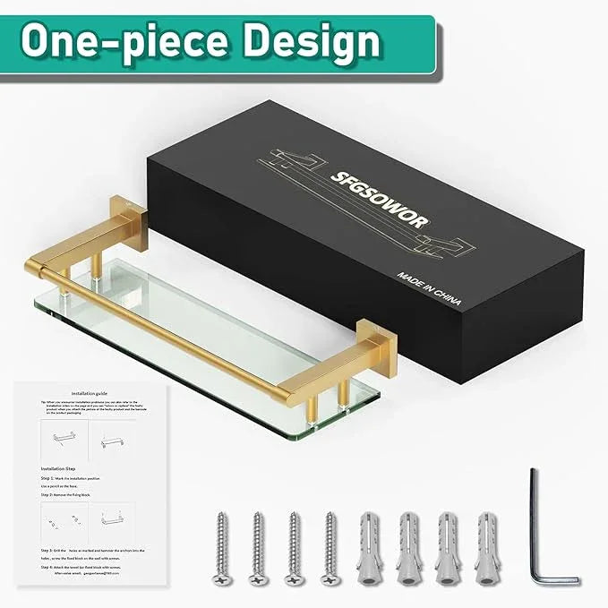 16 Inch Brusheld Gold Bathroom Glass Shelves with Stainless Steel Railing, Tempered Floating Glass Modern Decoration Bathroom Shelf Sink Over Toilet - ModernBath