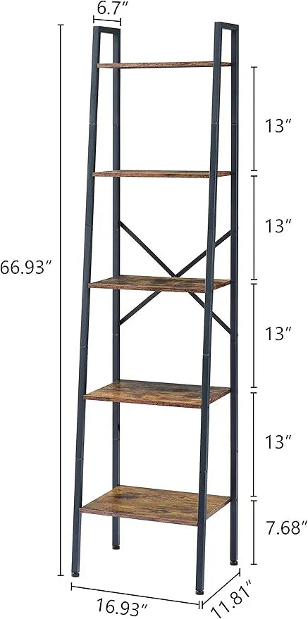 Hoctieon Industrial Ladder Bookshelf, Multifunctional Ladder Shelf, 5-Tier Tall Bookshelf, Open Ladder Shelf Bookcase, for Living Room, Home Office, Kitchen, Bedroom, Metal Frame, Rustic Brown - ModernBath