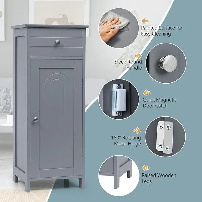 COSTWAY Bathroom Storage Cabinet, Single Door Floor Cabinet with Drawer and 3-Level Adjustable Shelves, Modern Side Storage Organizer with Anti-Tipping Device for Living Room, Bedroom (Gray) - ModernBath