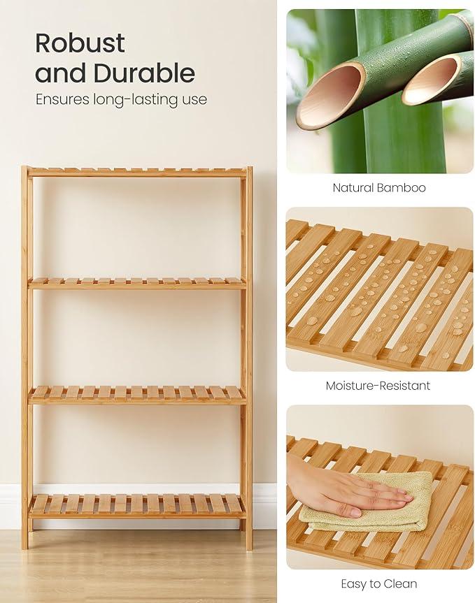 SONGMICS Bamboo Storage Shelf, 4-Tier Shelving Unit, Multifunctional, in The Entryway, Bathroom, Living Room, Balcony, Kitchen, 10.2 x 23.6 x 39.4 Inches, Light Bamboo UBCB034Y01 - ModernBath