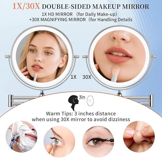 FUNTOUCH 9" 30X/1X Wall Mounted Lighted Makeup Mirror, 5000mAh Rechargeable Double Sided Magnifying Bathroom Mirror, 3 Color Modes Touch Dimmable Extended Arm 360 Rotation with Adapter,Chrome - ModernBath