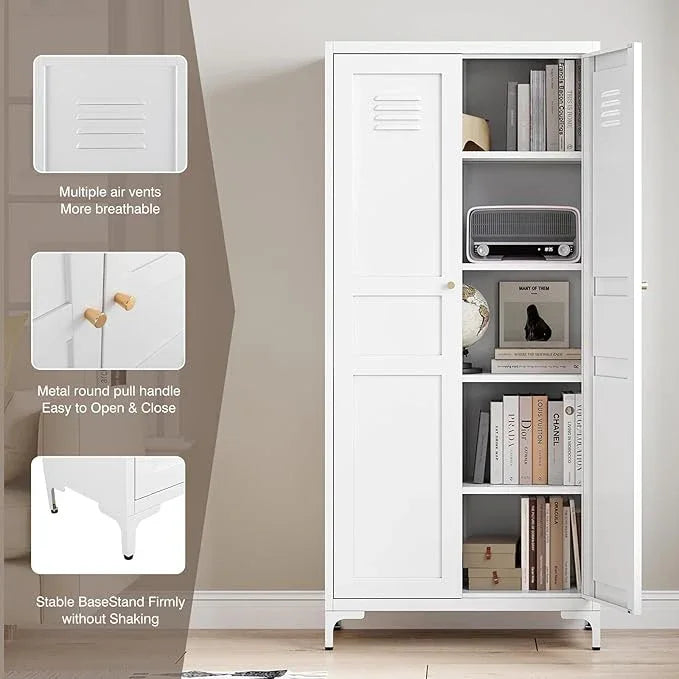 Yizosh Metal Storage Cabinet with 2 Doors and 4 Adjustable Shelves - 61" White Kitchen Pantry Storage 5-Tier Tall Steel Cabinets Locker for Kitchen, Living Room, Dining Room - ModernBath