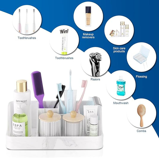 Polinook Marble Bathroom Countertop Organizer - Silicone Bathroom Vanity Countertop Organizer - Tooth Brush Organizer With 2PCS Qtip Holder Dispenser - Toothpaste Holder Drainage - Bathroom Essentials