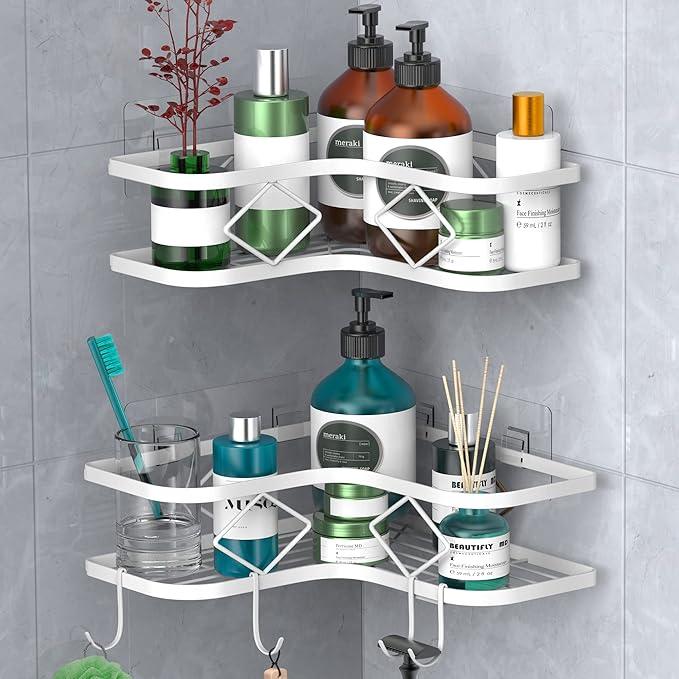 Shower Caddy, 2 Pack Corner Organizer Shelf, Rustproof Wall Mount Shower Storage Rack, No Drilling, 40 lbs Capacity (Glossy White) - ModernBath